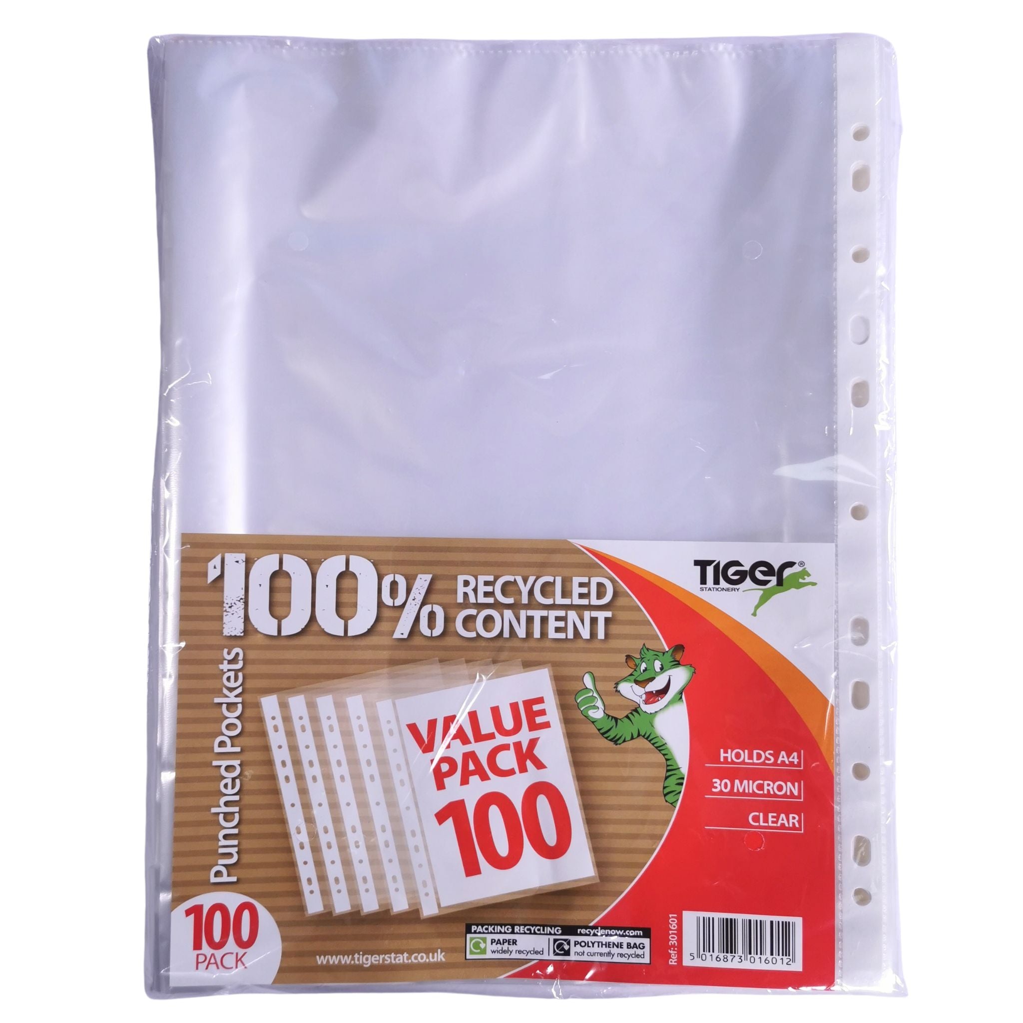 Clear View 100% Recycled A4 Punched Pockets Pack of 100, 30 Micron Thi ...